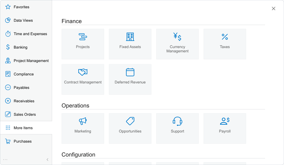 Acumatica modules menu with a Finance section listing Projects, Fixed Assets, Currency Management, Taxes, Contract Management and Deferred Revenue, next to a sidebar with Banking, Payables and Receivables.