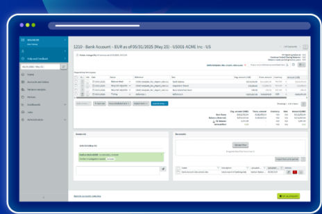 Adra Balancer bank account reconciliation screen with matched items, balances and supporting documents.