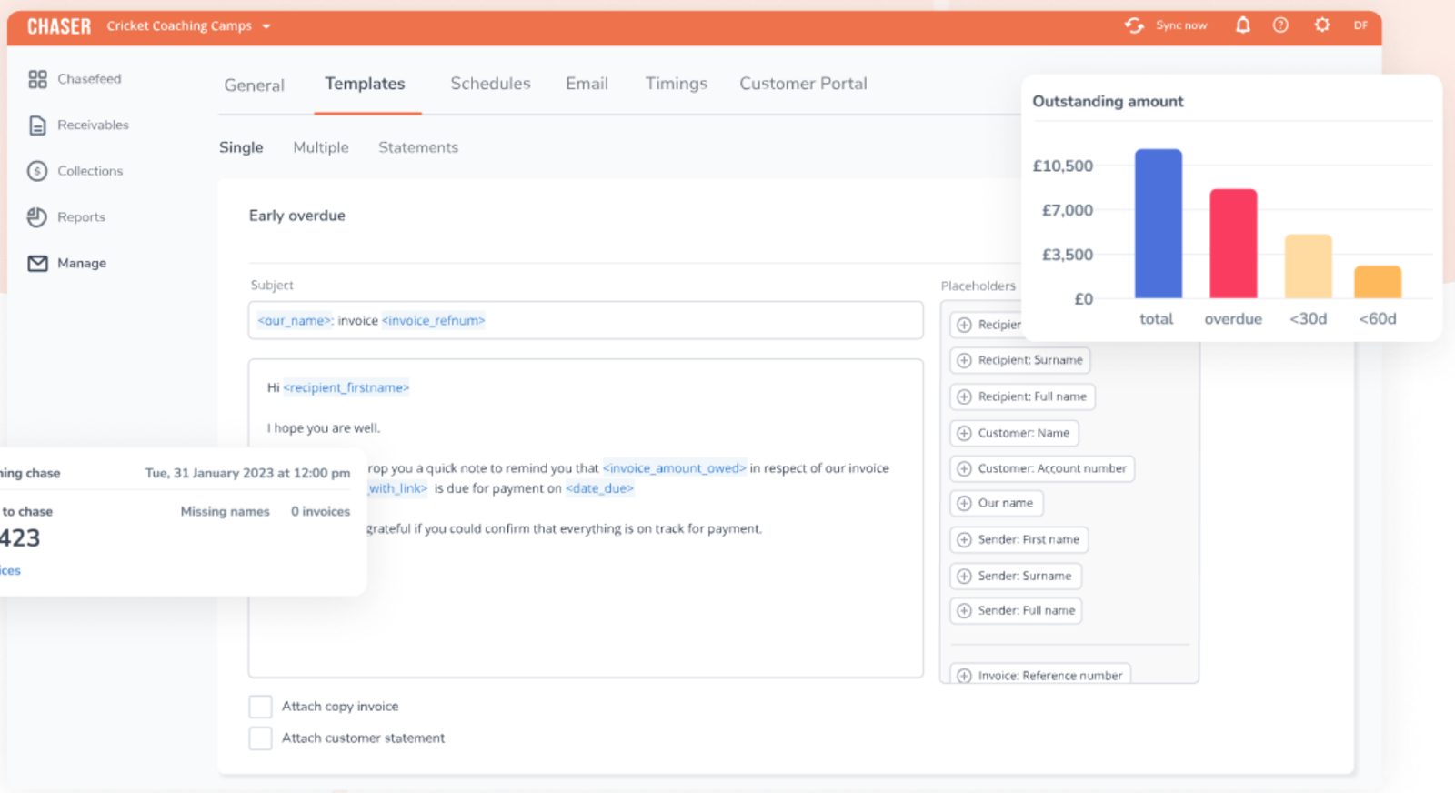 Chaser reminder template editor and outstanding amount chart