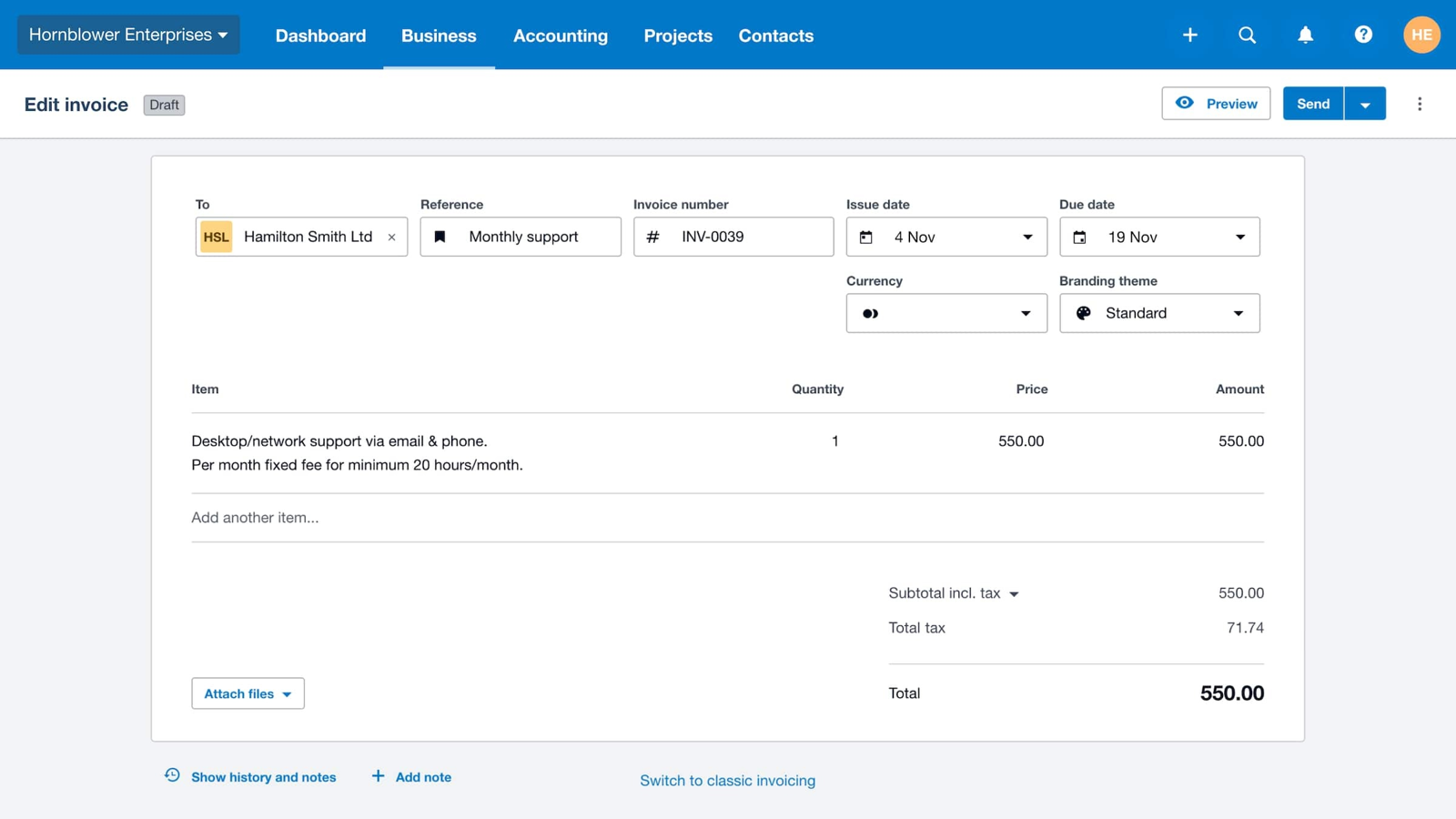 Xero edit invoice screen with customer, dates, line item and total