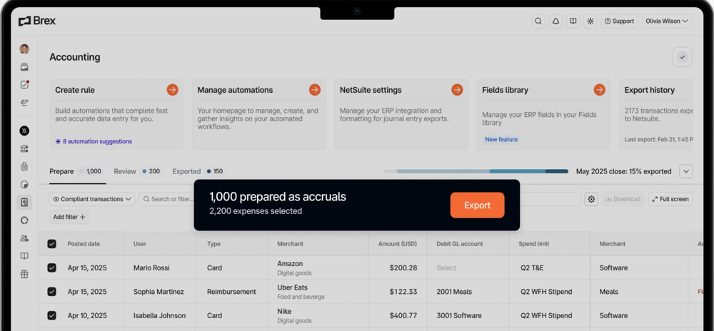 Brex accounting screen preparing card and reimbursement expenses with debit GL accounts for export to NetSuite as accruals.