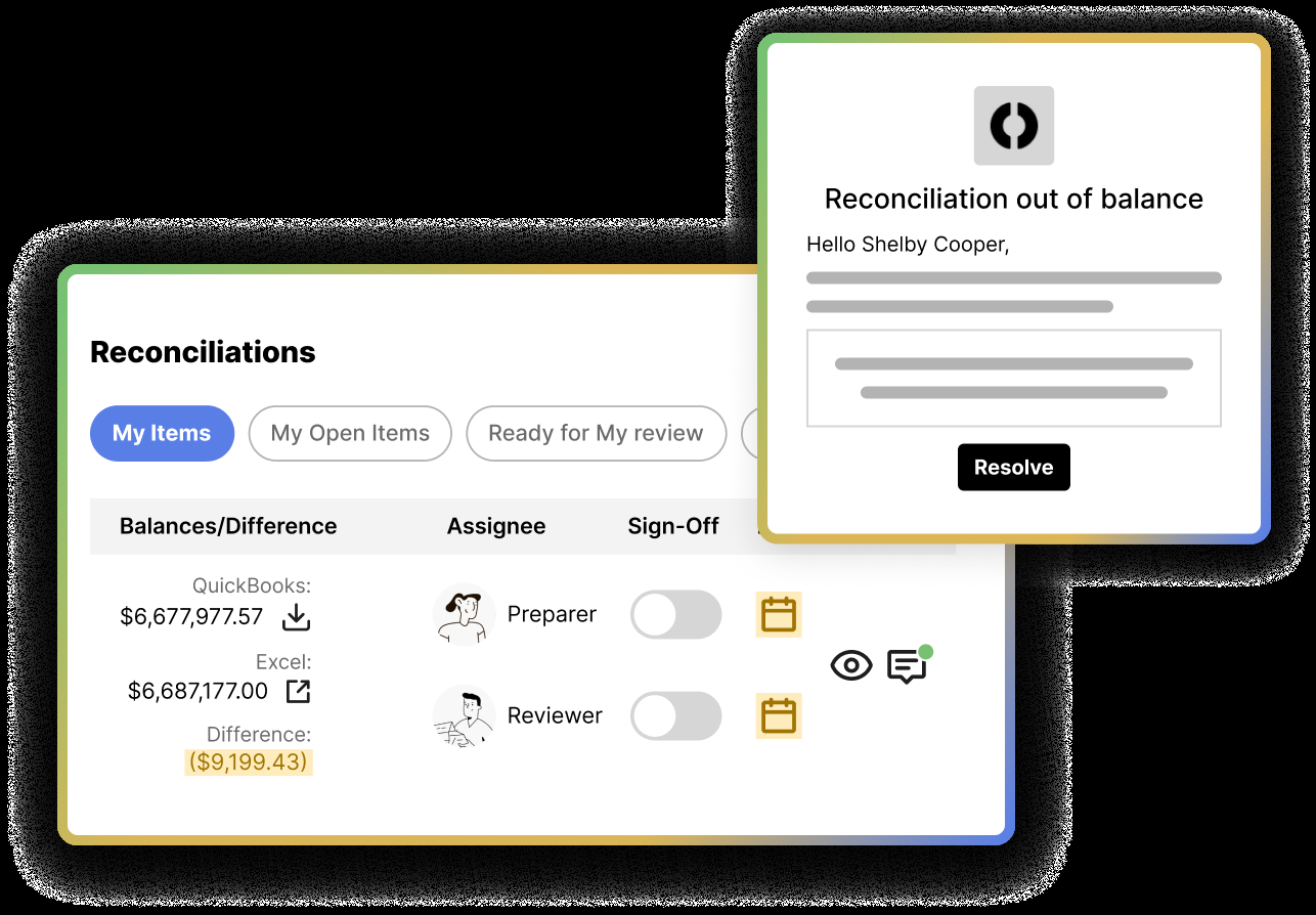 CloseCore reconciliation list comparing QuickBooks and Excel balances with preparer and reviewer sign-off and an out-of-balance alert.