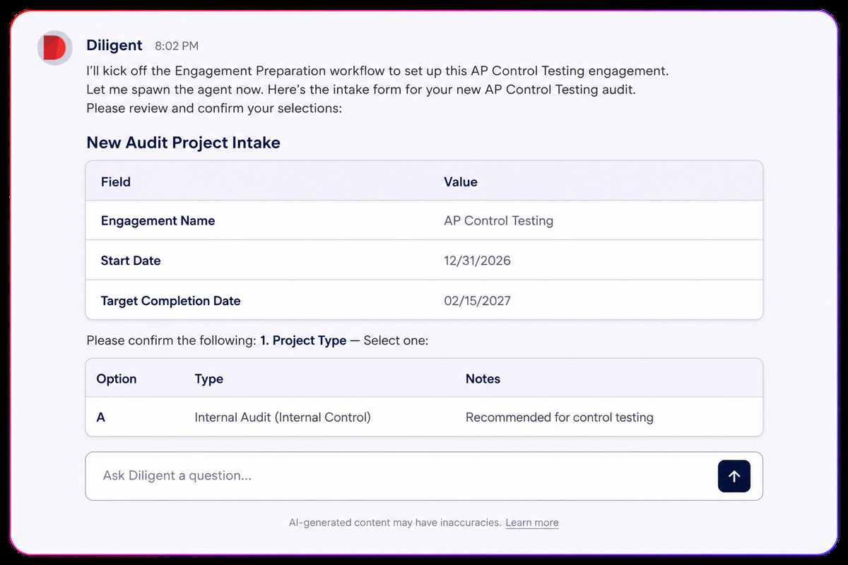 Diligent audit assistant setting up an audit project intake with engagement name, dates and project type.