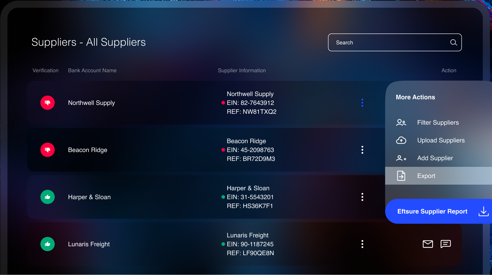 Eftsure suppliers list showing vendors with red or green verification icons, their EIN and reference numbers, and a More Actions menu with an Eftsure Supplier Report button.