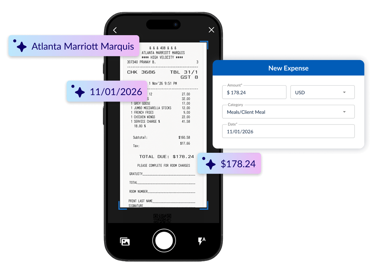 Emburse receipt capture reading merchant, date and amount from a restaurant receipt into a new expense with a category.
