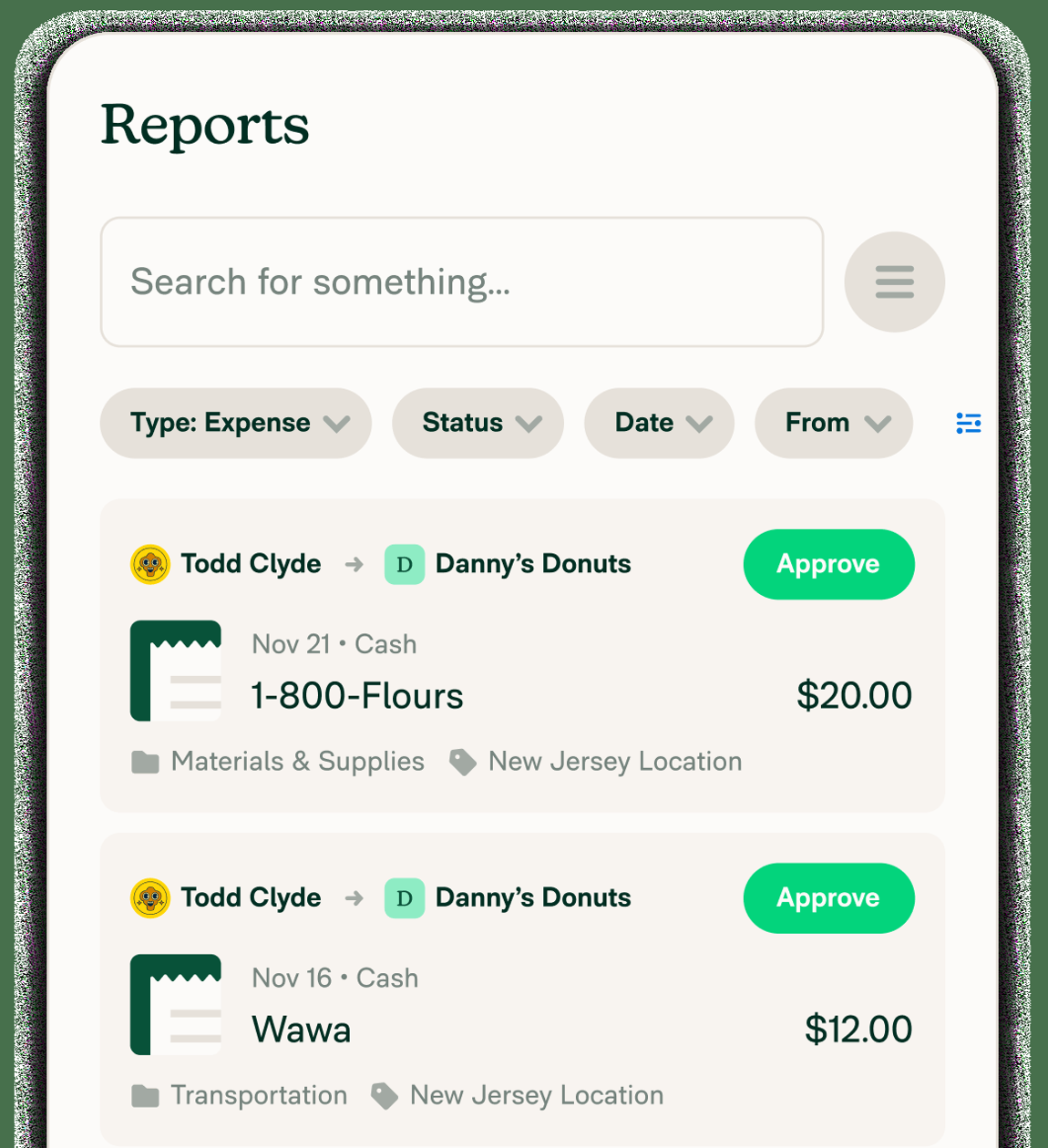 Expensify reports list with cash expenses coded to categories and a location tag, each with an Approve button.