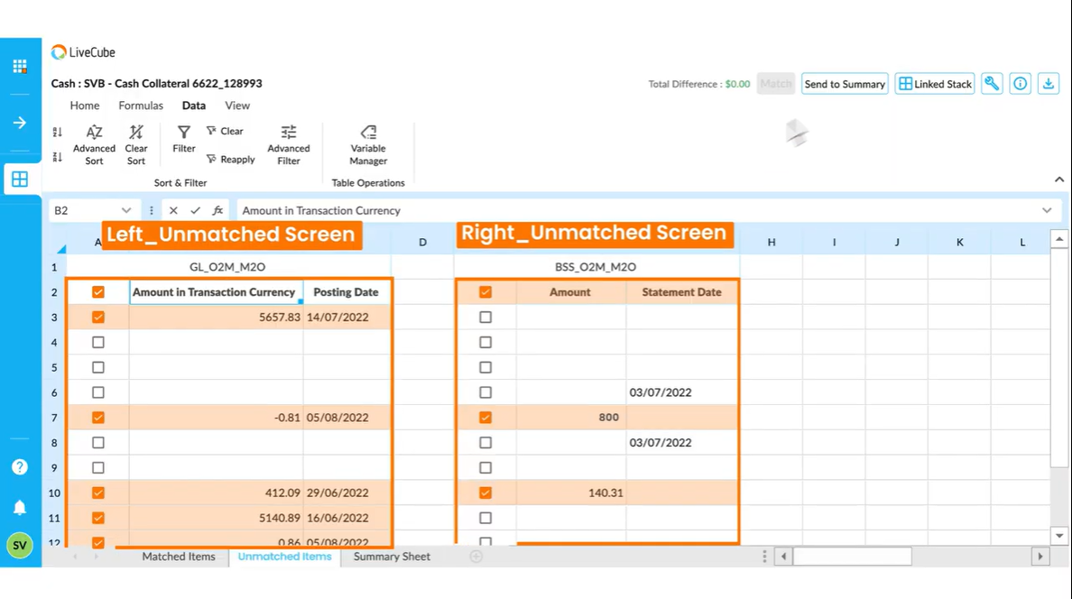 HighRadius matching screen with unmatched ledger items on the left and unmatched bank statement items on the right, with a total difference of zero.