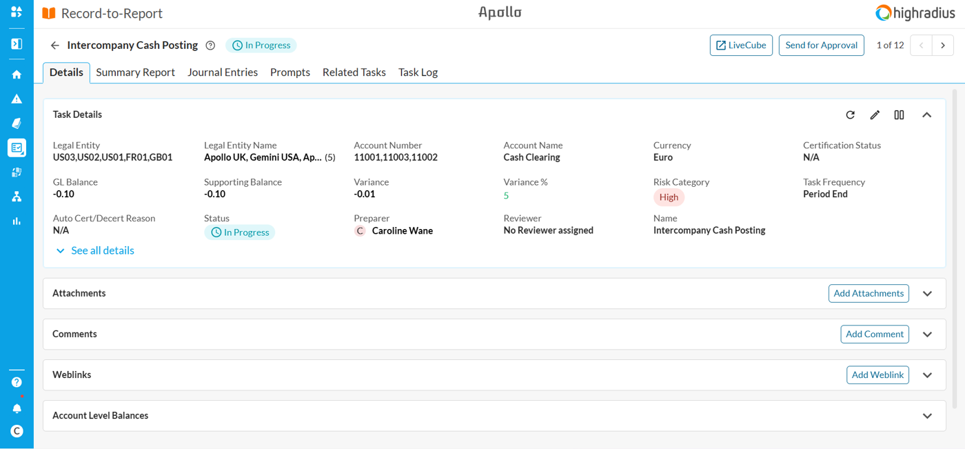 HighRadius record-to-report task for intercompany cash posting with GL balance, variance, preparer and reviewer fields.