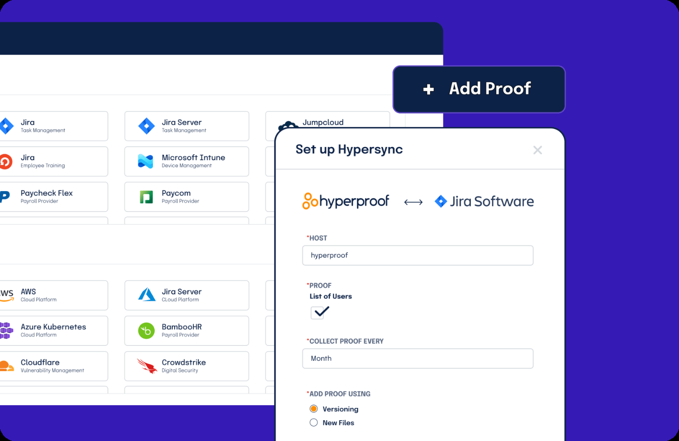 Hyperproof Hypersync setup screen connecting a Jira project to pull proof into controls.