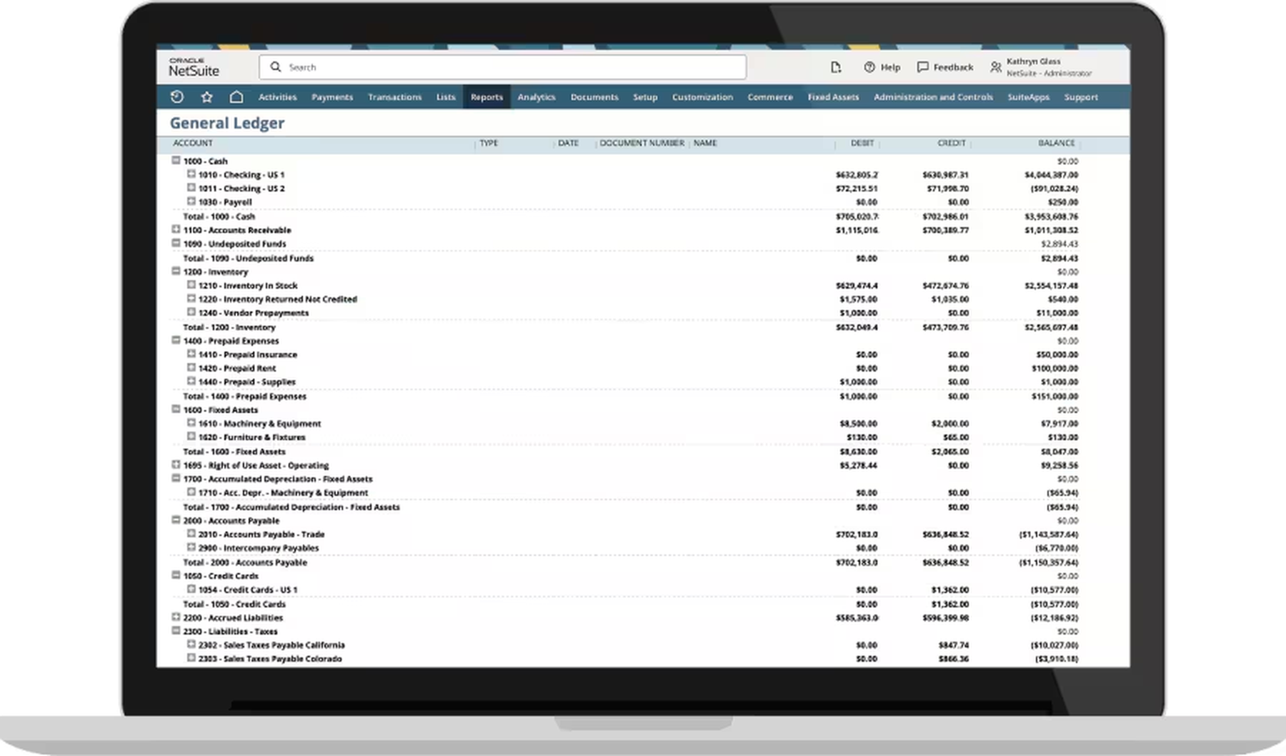 NetSuite general ledger report with accounts, debit, credit and balance columns