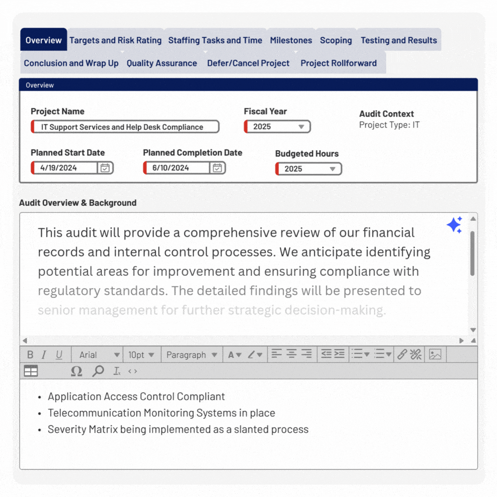 Onspring audit project form with overview fields, tabs for scoping and testing, and an AI-assisted text box.