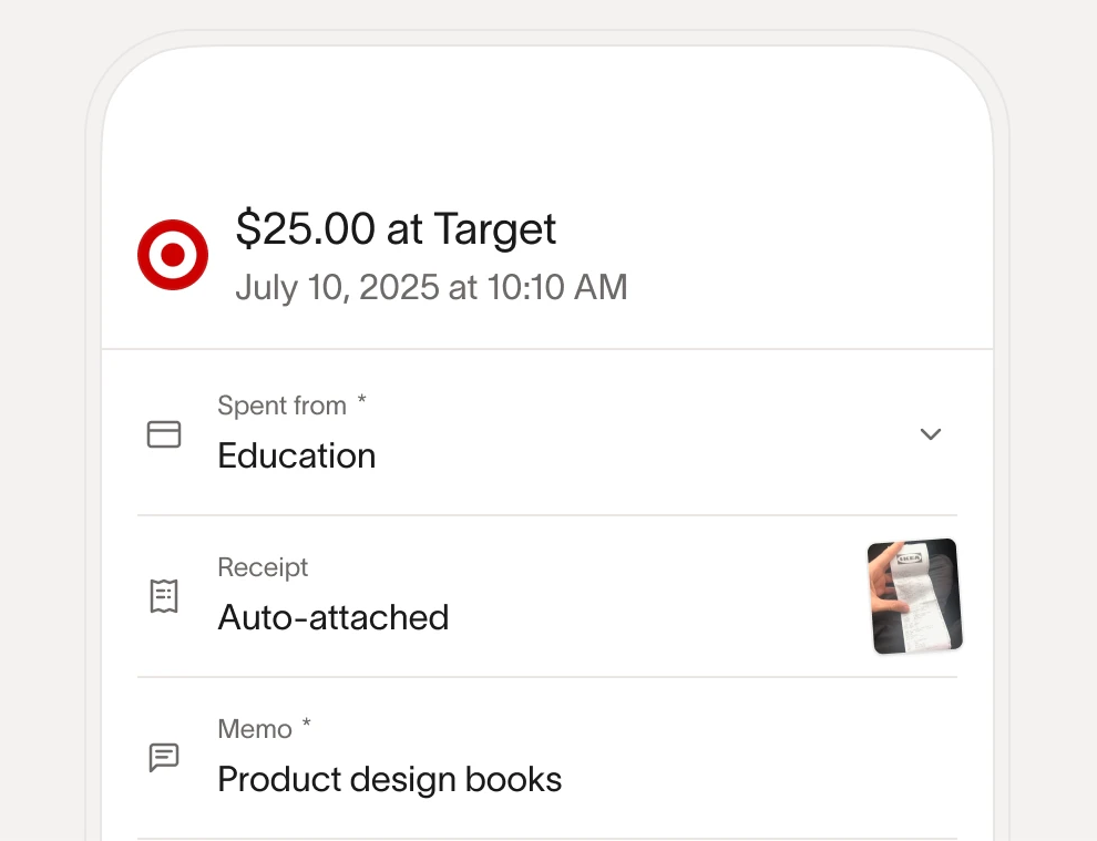 Ramp mobile expense view for a $25 card purchase with the receipt auto-attached, the spend limit and a required memo.