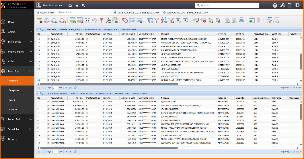 ReconArt matching screen with bank-side transactions above and internal-system transactions below, each with amount, date, reference and narrative.