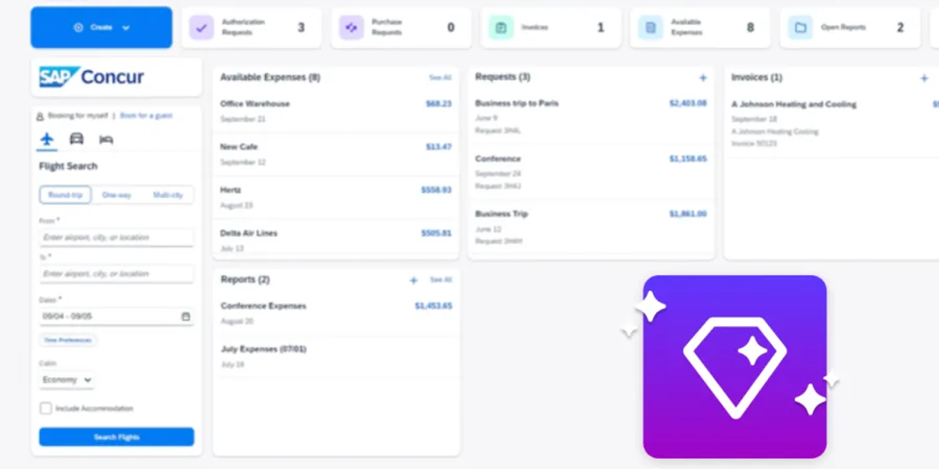 SAP Concur home screen with available card expenses, open expense reports and travel requests next to the flight search.