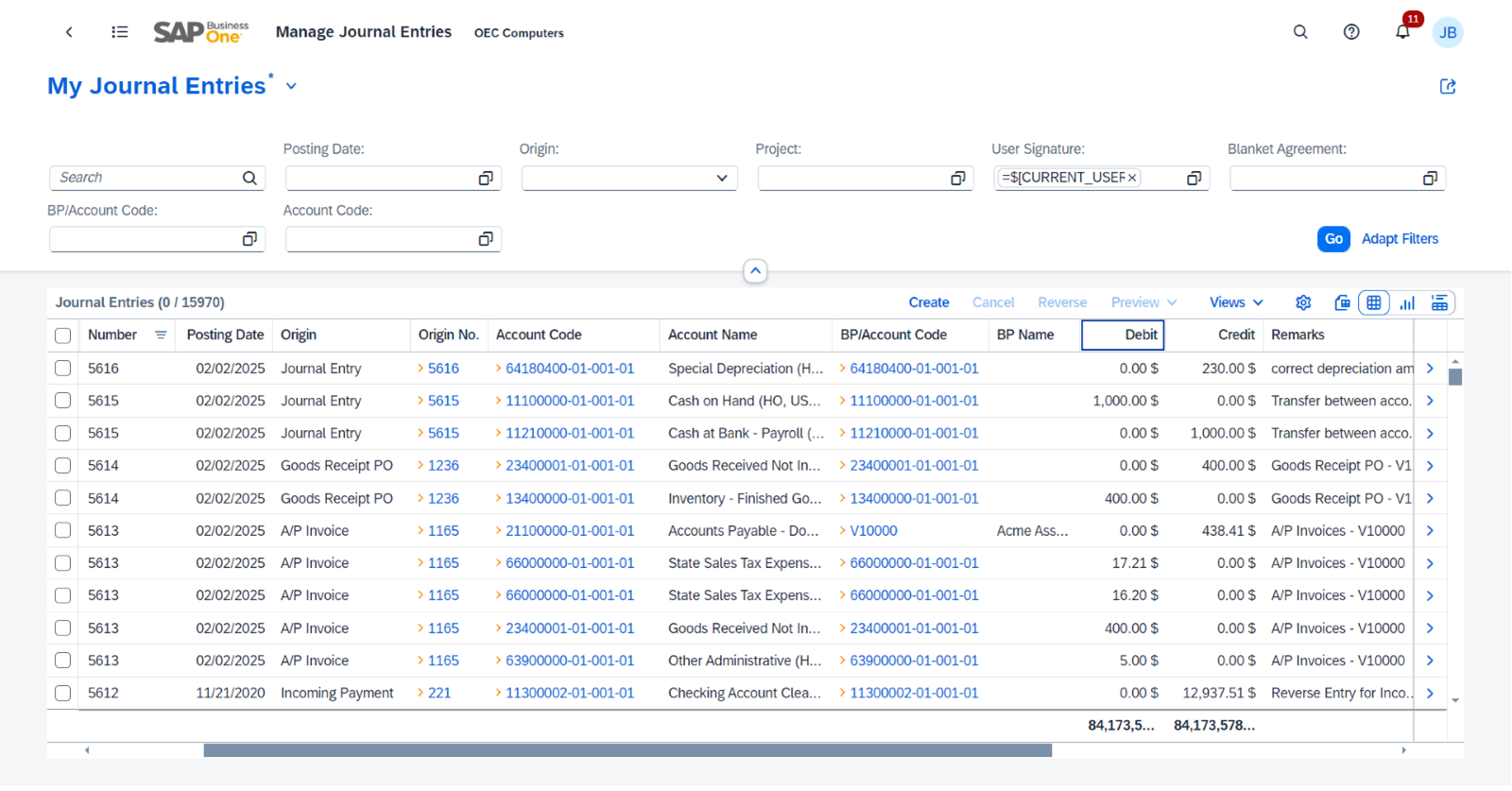 SAP Business One web client Manage Journal Entries list with filters and a table of G/L postings showing account codes, debit and credit amounts.
