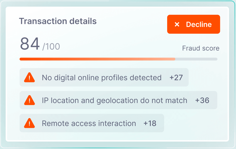 SEON transaction details card showing a fraud score of 84 out of 100, a Decline button and three fraud signals with score increments.