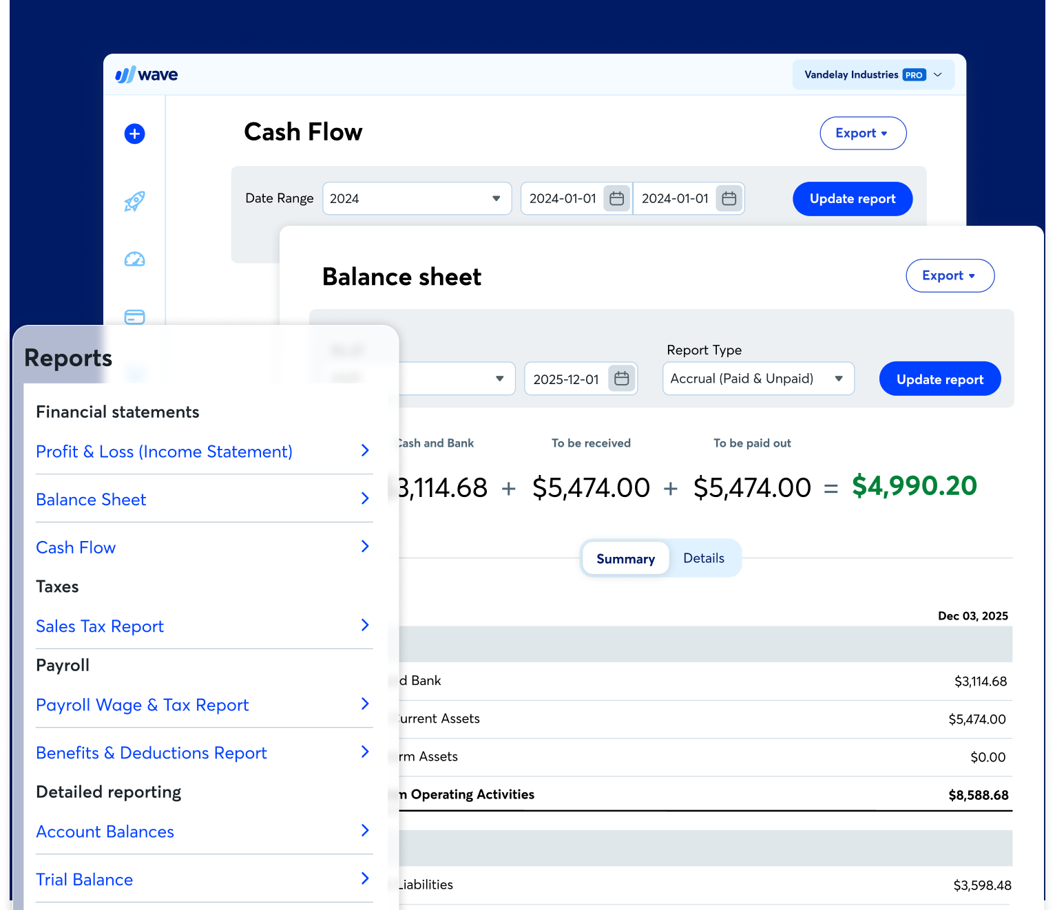 Wave accounting reports: cash flow, balance sheet and a list of financial statement reports