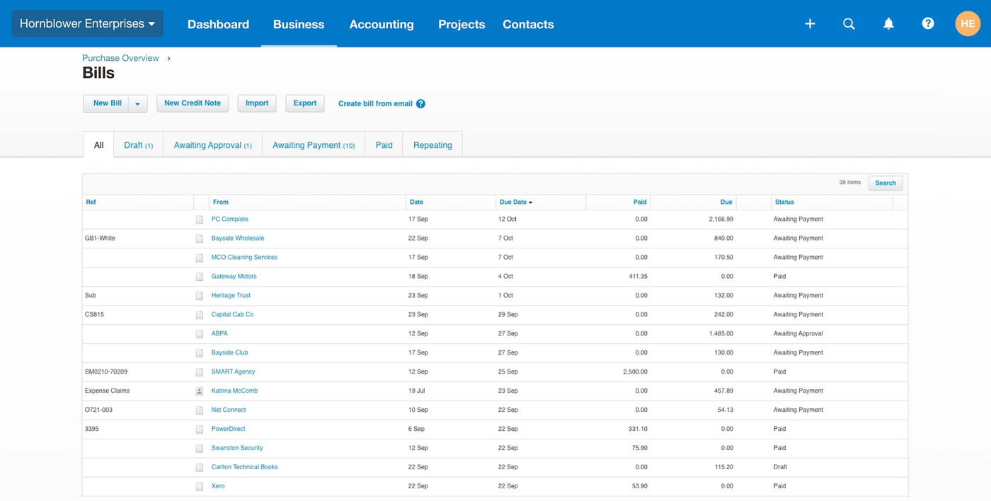 Xero Bills list with tabs for Draft, Awaiting Approval, Awaiting Payment, Paid and Repeating, and columns for supplier, dates, amount due and status.
