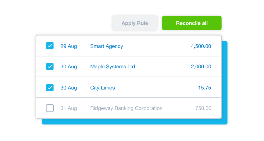 Xero feature illustration of bulk reconciliation with selected transactions and a Reconcile all button.