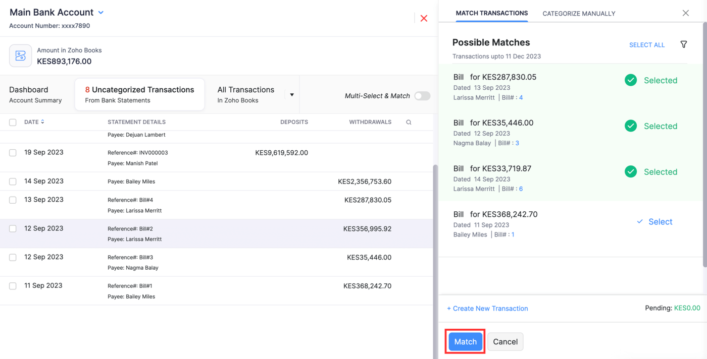 Zoho Books possible matches panel with three bills selected against one bank line and a pending balance of zero.
