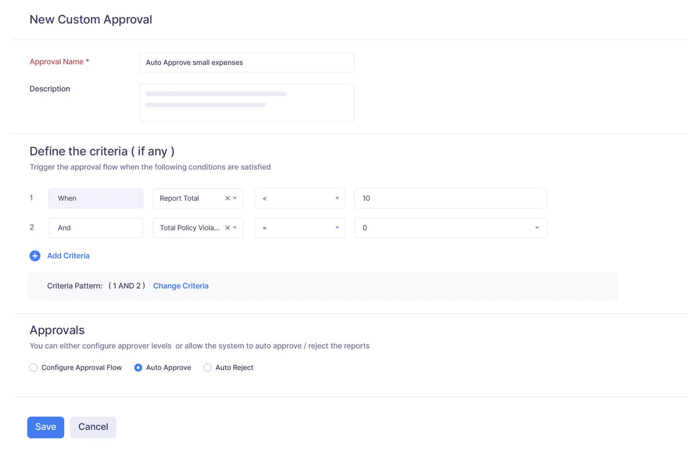 Zoho Expense custom approval rule that auto-approves reports under $10 with no policy violations.